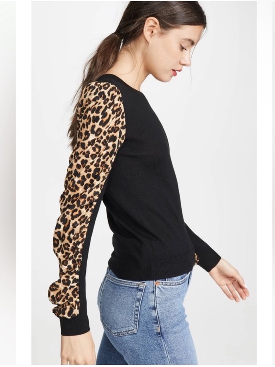 Veronica Beard Sweaters - Veronica Beard Black Merino Wool Sweater Leopard Print Puff Sleeve 25601